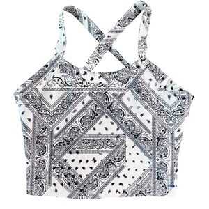 Cycle House by Marika Sports Bra Large Bandana Paisley Print White Black Strappy